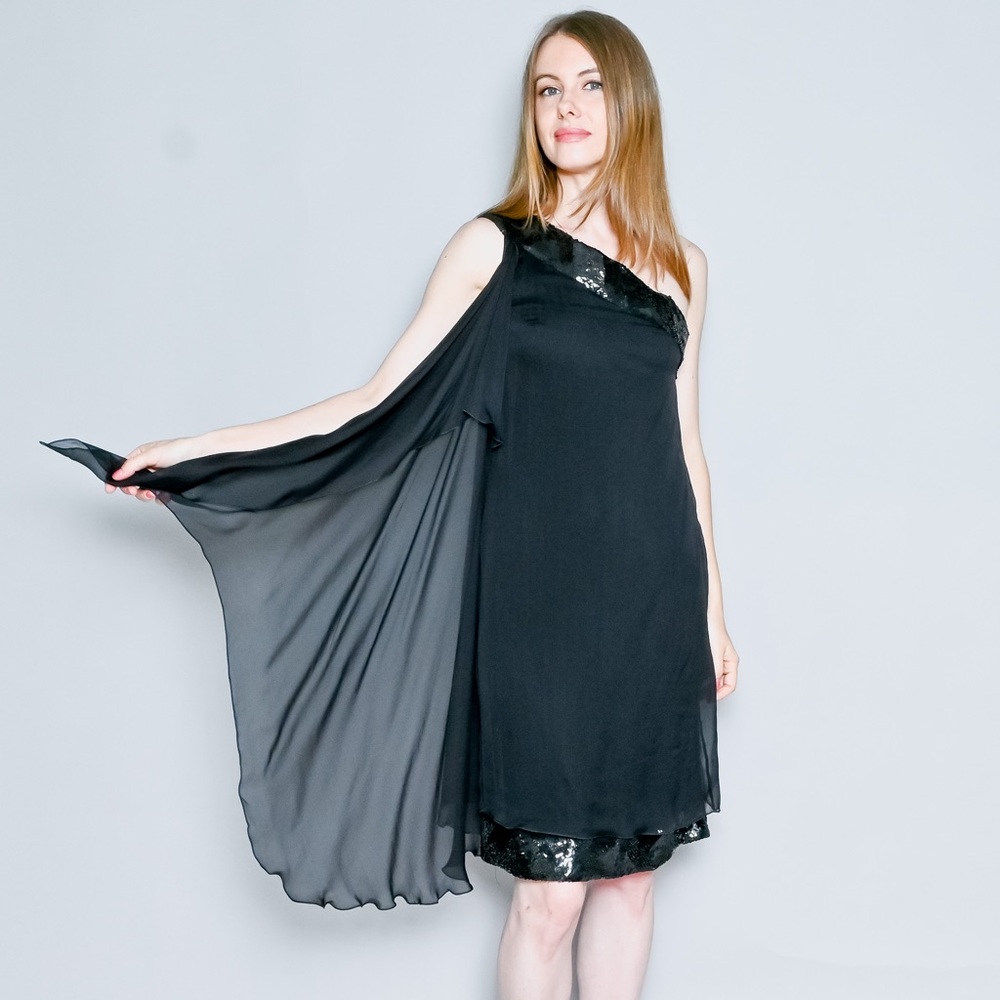 ALBERTA FERRETTI Black Cold Shoulder Sequin Dress Sz 4